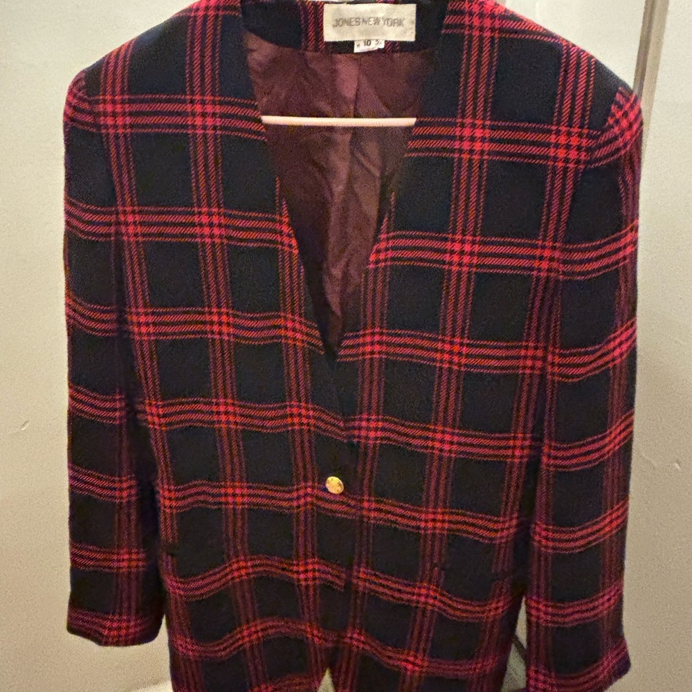 Jones New York Red and Navy Blue Plaid Blazer